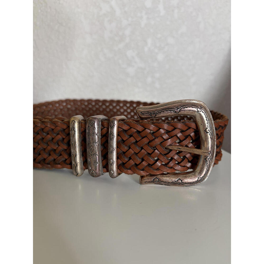 Y2K Fossil Leather Braided Belt Silver Western Whimsigoth Brown Size Small